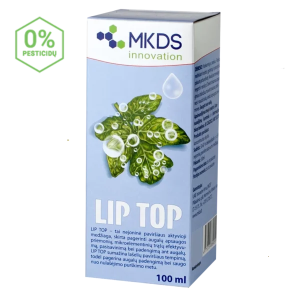 „Lip Top – augalų apsaugos priemonių lipnumą didinantis priedas, užtikrinantis geresnį veikliųjų medžiagų pasiskirstymą ir ilgesnį veikimą.“