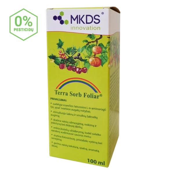 „Terra Sorb Foliar – amino rūgščių koncentratas augalams, mažinantis stresą ir gerinantis maisto medžiagų įsisavinimą.“