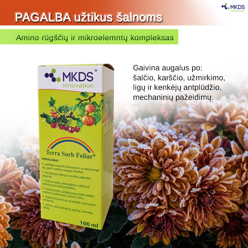 „Terra Sorb Foliar – amino rūgščių koncentratas augalams, mažinantis stresą ir gerinantis maisto medžiagų įsisavinimą.“