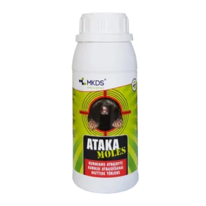 „ATAKA MOLES – natūralus kurmių repelentas, apsaugantis veją, sodą ir daržą be chemikalų.“