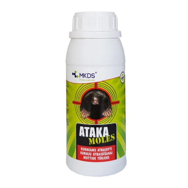 „ATAKA MOLES – natūralus kurmių repelentas, apsaugantis veją, sodą ir daržą be chemikalų.“
