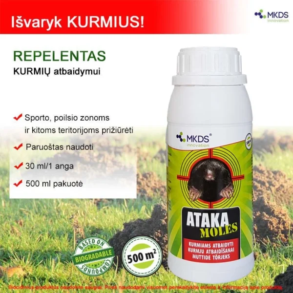 „ATAKA MOLES – natūralus kurmių repelentas, apsaugantis veją, sodą ir daržą be chemikalų.“