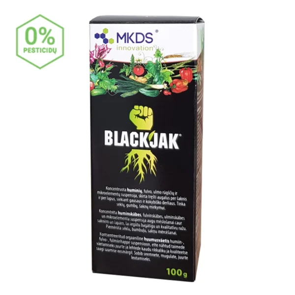 „BlackJak – huminės ir fulvo rūgštys augalams, gerinančios dirvožemio struktūrą ir skatinančios šaknų augimą.“