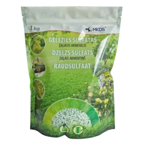 „Geležies sulfatas (žaliasis akmenėlis) – mikroelementinės trąšos, skirtos augalams, vejų samanoms naikinti ir dirvos pH reguliuoti.“