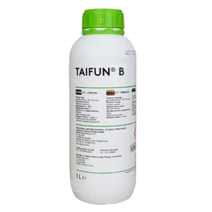 „Taifun B – efektyvus sisteminis herbicidas, skirtas piktžolių naikinimui laukuose, soduose ir pramoninėse teritorijose.“