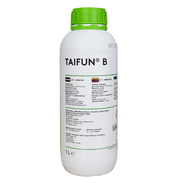 „Taifun B – efektyvus sisteminis herbicidas, skirtas piktžolių naikinimui laukuose, soduose ir pramoninėse teritorijose.“